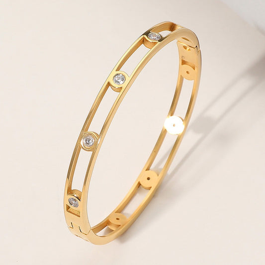 Gold Stainless Steel Bezel Stone Hinged Bangle Bracelet for Women Jewelry