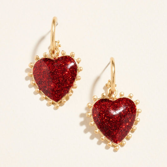 Gold Tone Glitter Red Heart Dangle Hoop Earrings Metal Bead Rim Statement Jewel