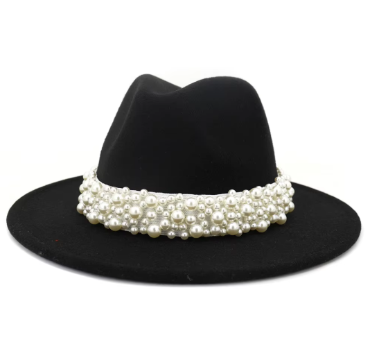 White Felt Jazz Fedora Hat with Pearl Band Wide Brim Elegant Dressy Accessory