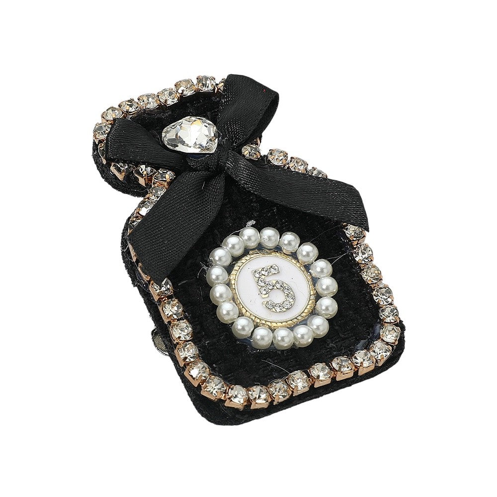 2pc Black & Pink Bow Pearl Rim Number 5 Tweed Perfume Bottle Pin Brooch Set