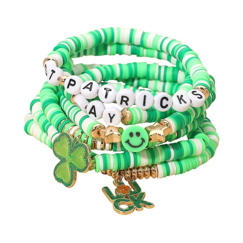 Women's 6 Pcs Luck Smile Clover St Patrick's Day Heishi Beaded Stretch Bracelets