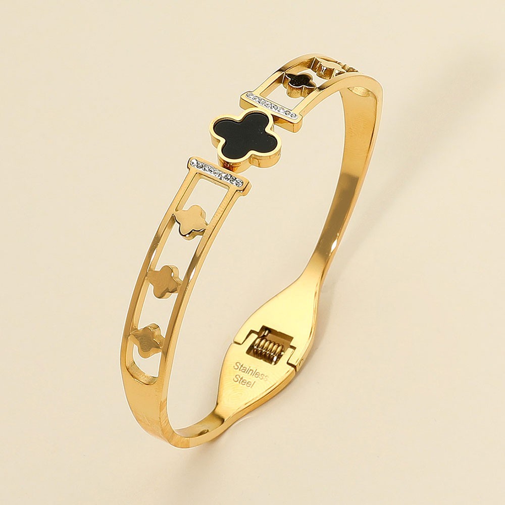 Gold & Black Stainless Steel Quatrefoil Cutout Hinged Bangle Bracelet for Women