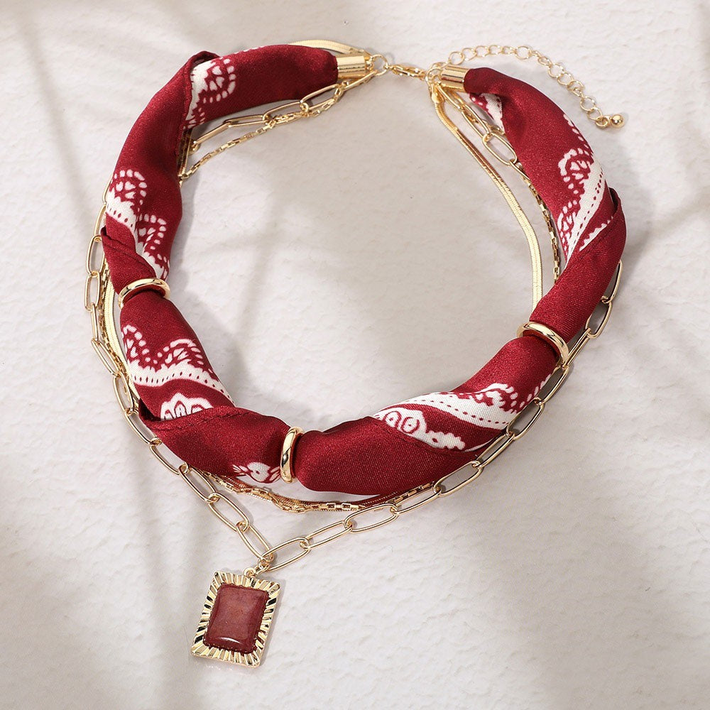 Boho Layered Red Scarf Chain Necklace Gold Tone Rectangle Stone Pendant