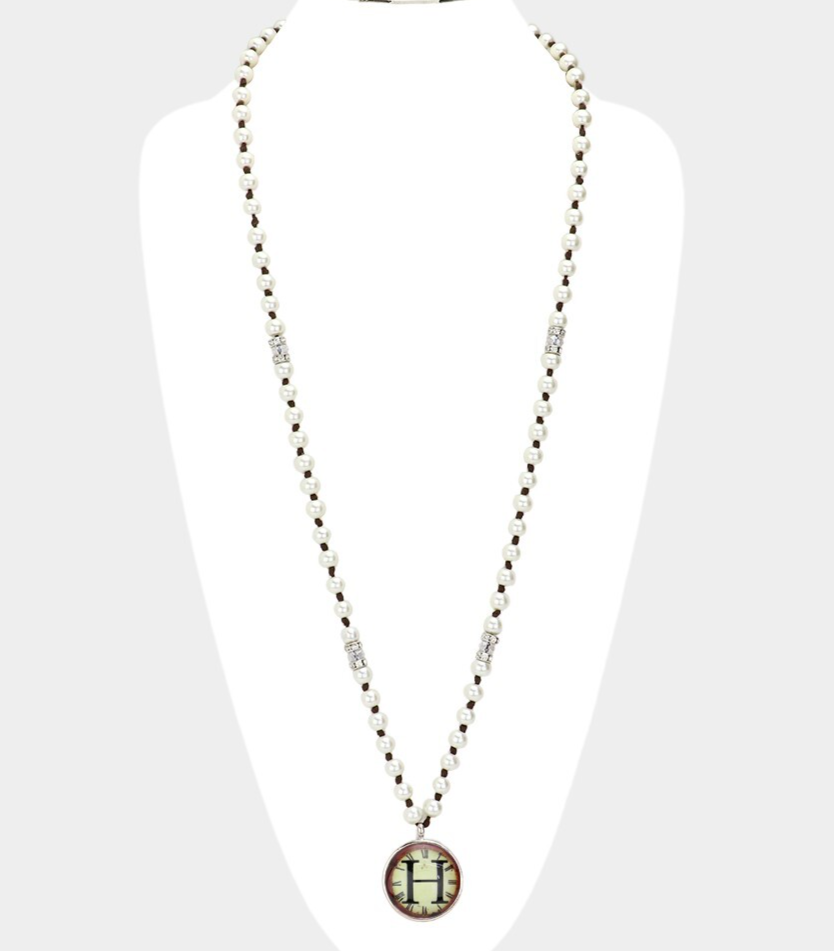 H Monogram Pearl Beaded Long Necklace with Watch Print Pendant for Women