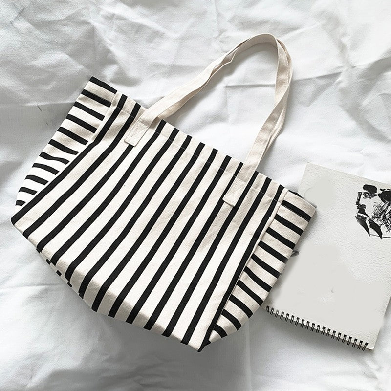 Large Canvas Tote Bag Striped Black White Shoulder Handbag Cotton Beach Shopper