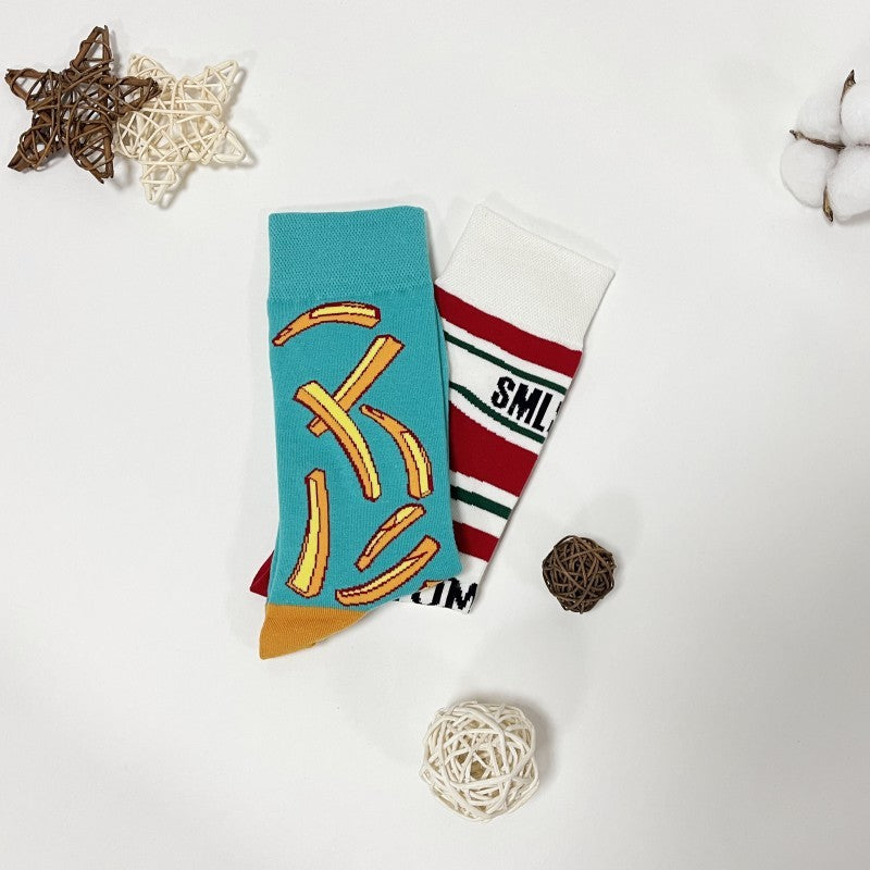 Fun Mismatched Socks French Fries and Ketchup Bottle Print Colorful Novelty Crew