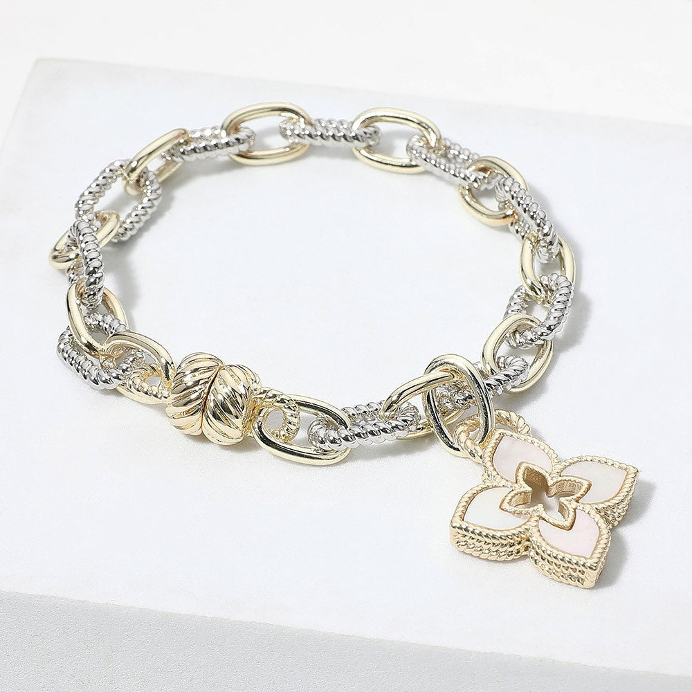 14K Gold Plated Two Tone Mother of Pearl Clover Magnetic Bracelet for Women