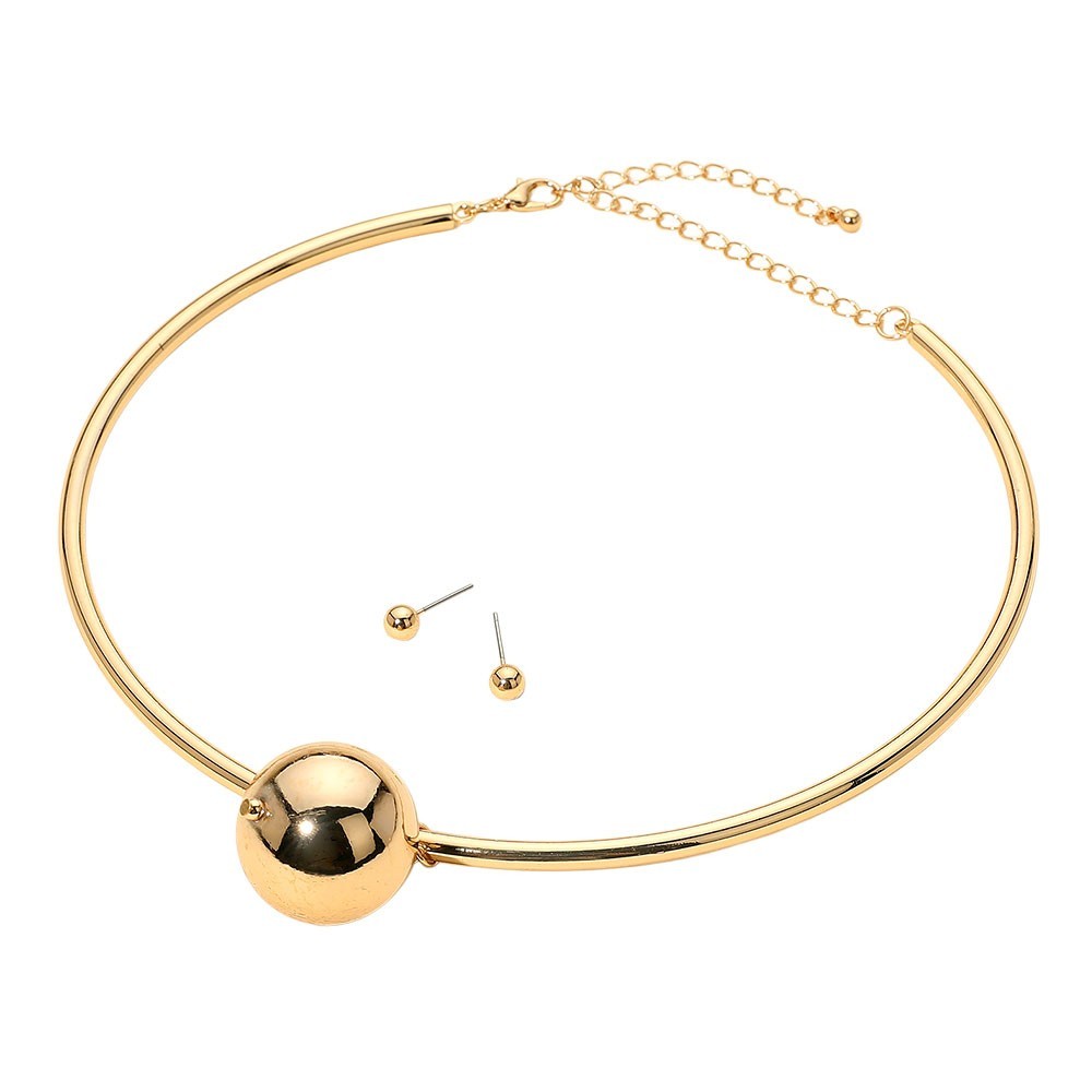 2pc Minimalist Gold Tone Torque Choker Necklace Stud Earrings Set Collar