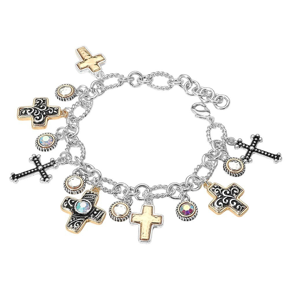 2PC Religious Cross Charm Bracelet Silver Tone Chain Gold Black Christian Set