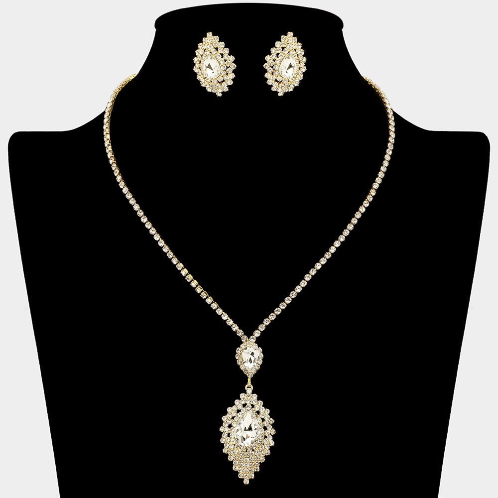 Elegant Gold Crystal Teardrop Necklace and Earring Set - Bridal Prom Jewelry