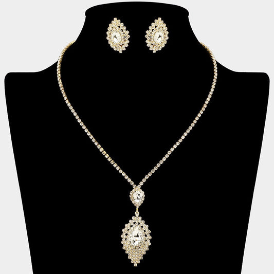 Elegant Gold Crystal Teardrop Necklace and Earring Set - Bridal Prom Jewelry