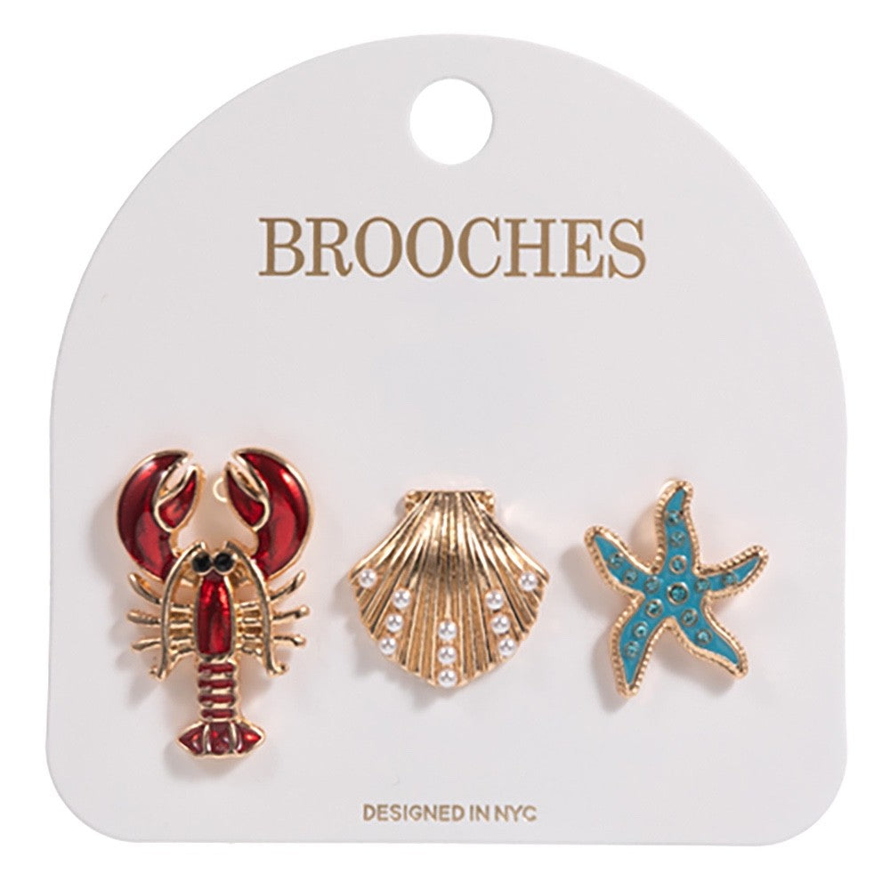 3pc Nautical Sea Life Brooch Set Red Lobster Gold Shell Blue Starfish Pins