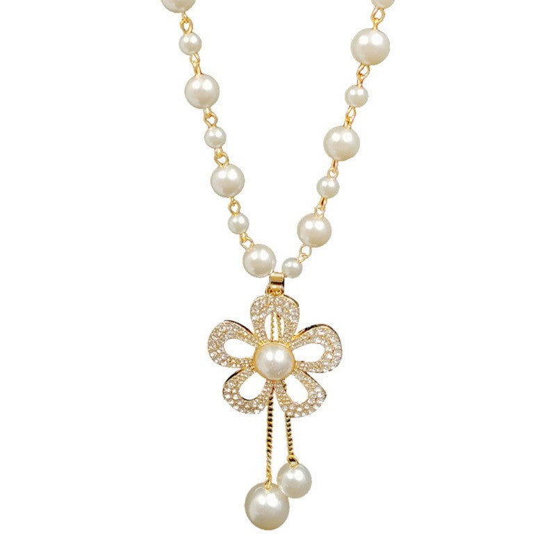 Camellia Flower Pearl Sweater Necklace Long Chain Crystal Pendant Jewelry