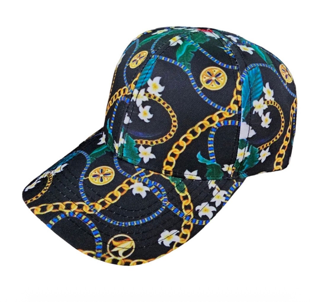 Gold Chain Floral Print Baseball Cap - Black & Yellow Tropical Snapback Hat