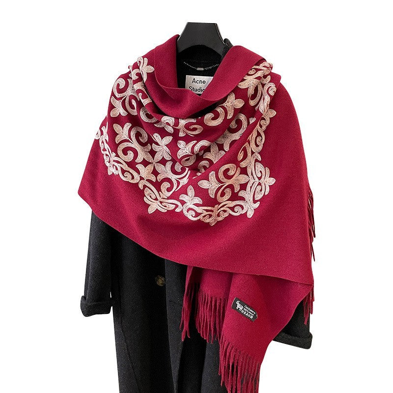 Boho Burgundy Floral Embroidered Pashmina Scarf Soft Cashmere Feel Wrap 73x26"