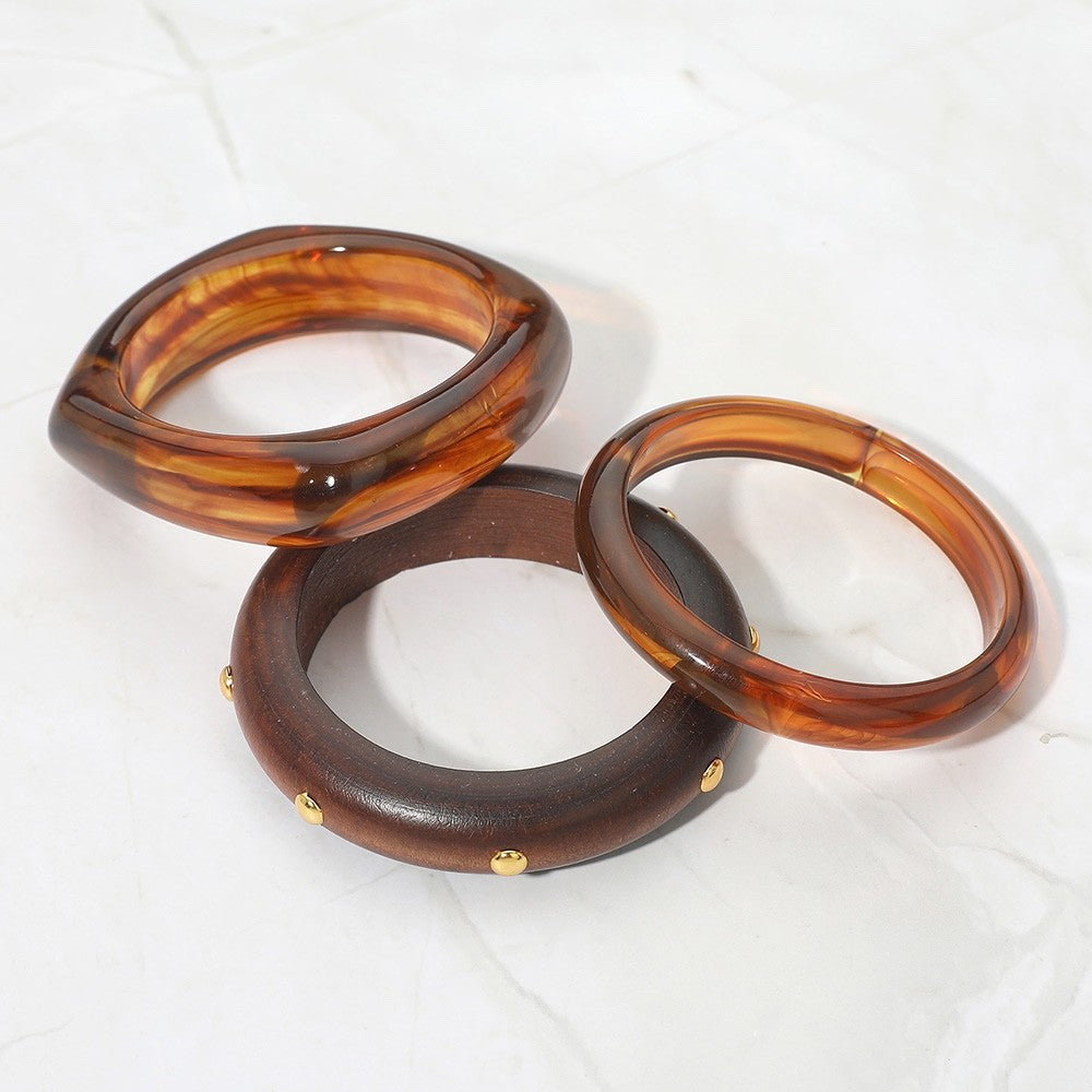 3pc Tortoise Shell Resin & Gold Studded Wood Bangle Bracelet Stack Set
