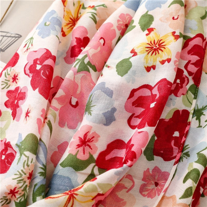 Floral Cotton Viscose Scarf Women Large Soft Shawl Tassel Spring Wrap 71" x 35"