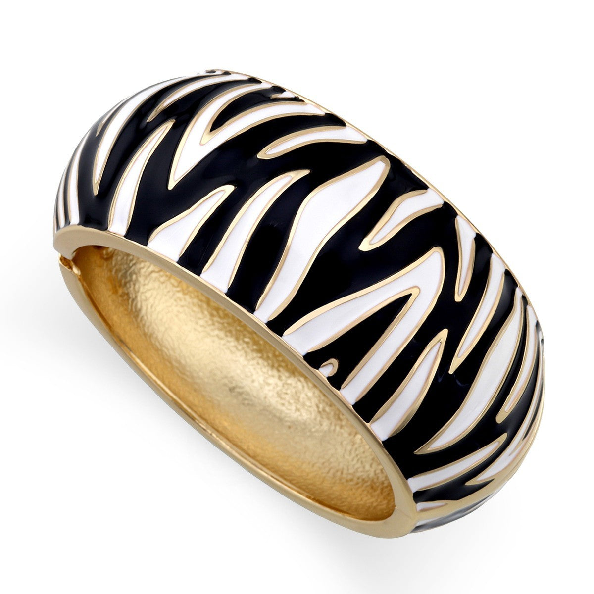 Zebra Stripe Enamel Bangle Bracelet Gold Tone Black White Wide Statement Jewelry