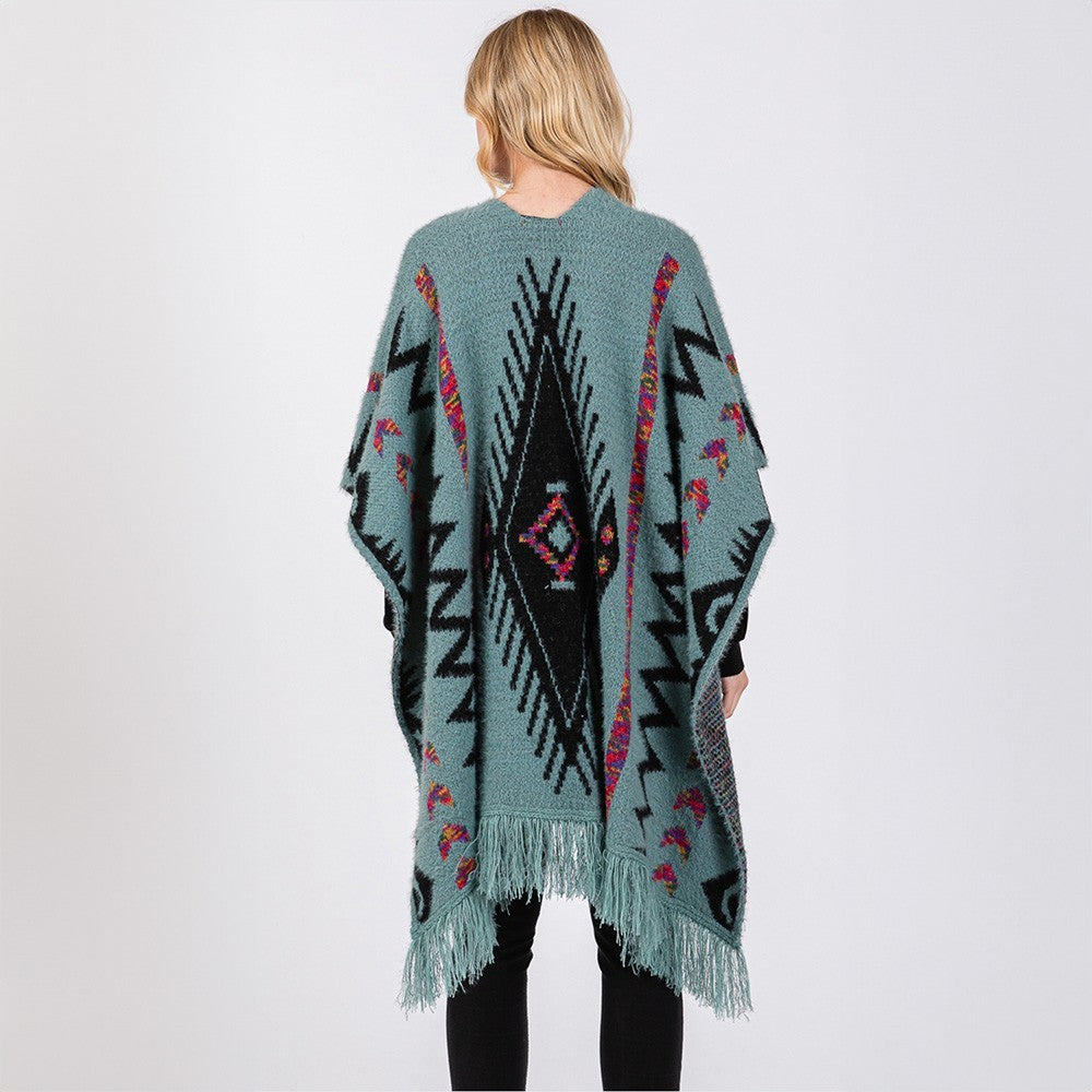 Fuzzy Aztec Pattern Tassel Knit Ruana Poncho Shawl Cape Wrap for Women