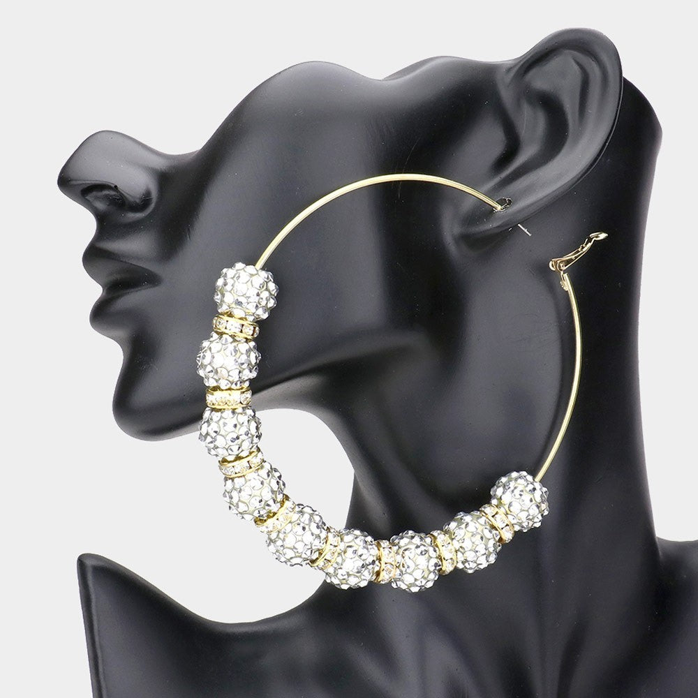 Shambhalla Ball Hoop Womens Earrings with Rhinestone-encrusted Beads Gold-tone