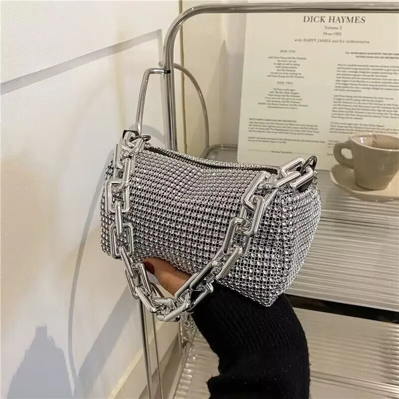 Silver Tone Rhinestone Evening Bag Crystal Clutch Thick Chain Shoulder Handbag