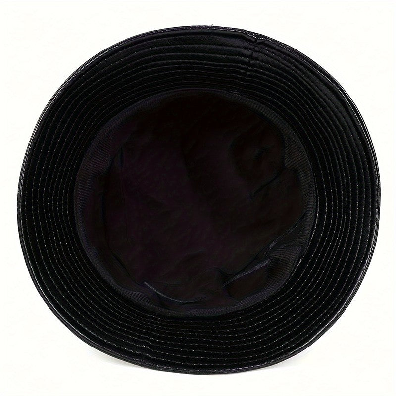 2PCS Shiny Faux Leather Bucket Hat Set Black Red Fisherman Style Streetwear