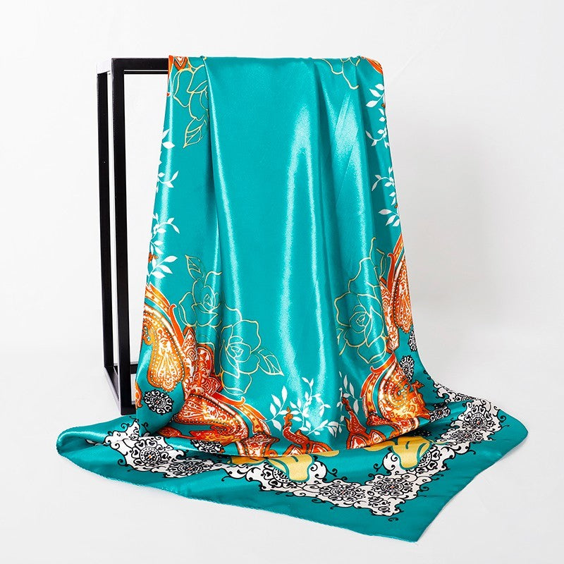 Women's Teal Orange Paisley Floral Satin Square Scarf Head Neck Wrap Bandana
