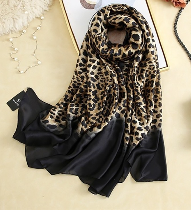 Leopard Print Silk Feel Scarf Shawl Wrap Black Trim Oversized Womens Scarves