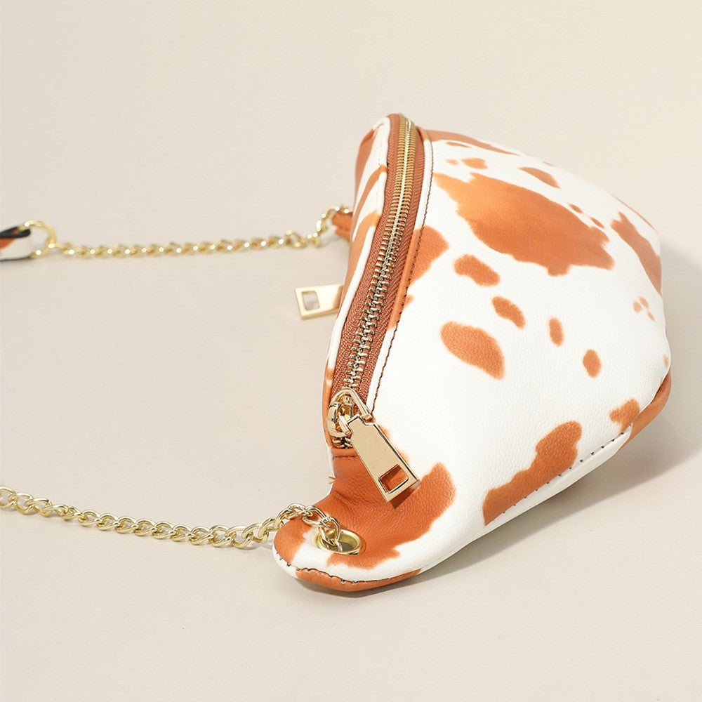Cow Print Fanny Pack Crossbody Bag Brown White Adjustable Chain Strap
