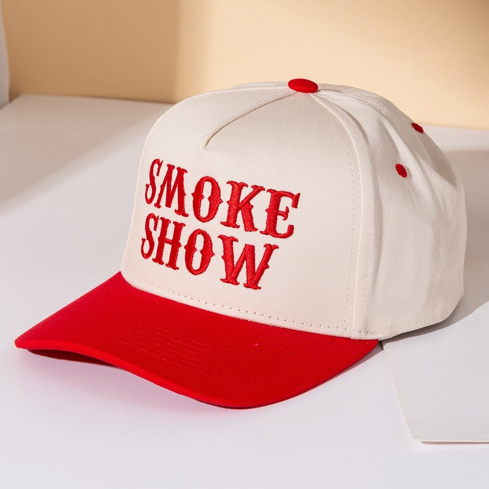 Smoke Show Red and Cream Two Tone Embroidered Snapback Trucker Hat Baseball Cap