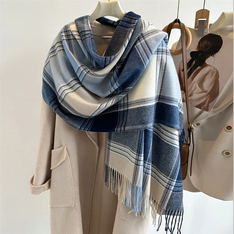 Blue Plaid Scarf Imitation Cashmere Soft Winter Shawl Wrap 77" x 26"