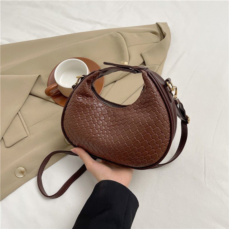 Woven Brown Crescent Shoulder Bag Faux Leather Crossbody Hobo Bohemian Purse