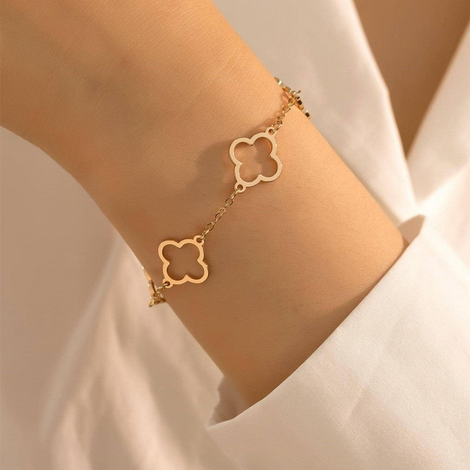 Dainty Four Leaf Clover Bracelet Set - Gold & Silver Tone Adjustable Lucky Charm