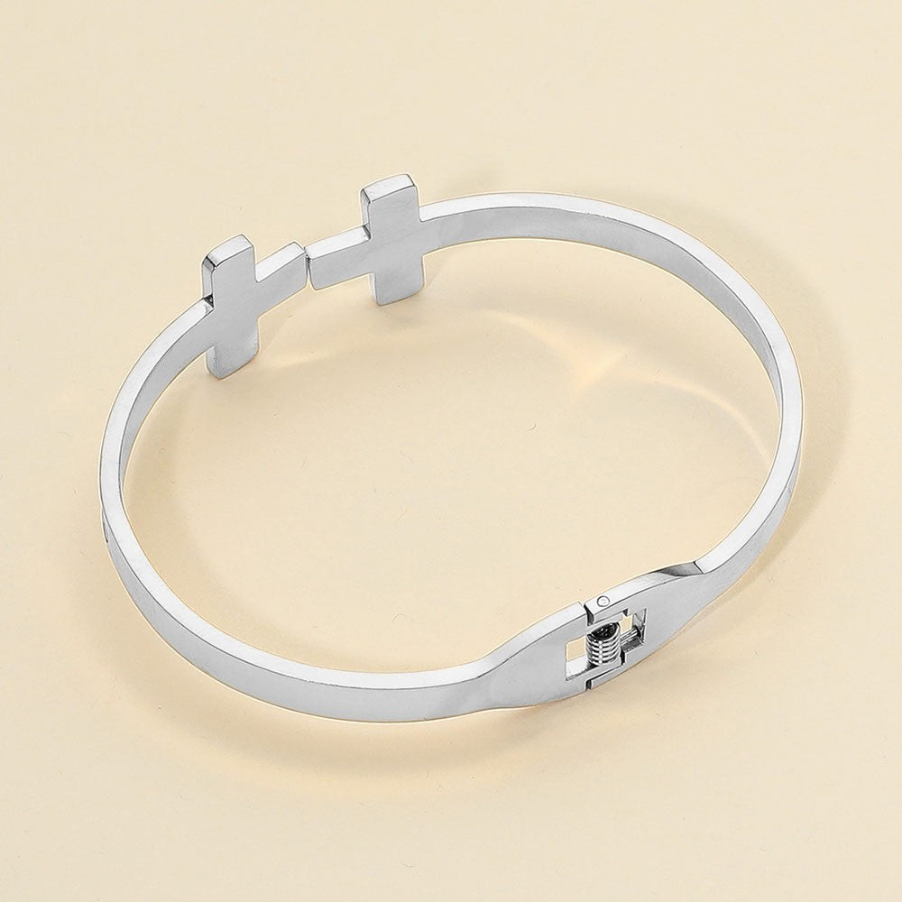 2-in-1 Gold and Silver Double Cross Mother of Pearl Hinged Bangle Set Jewelry