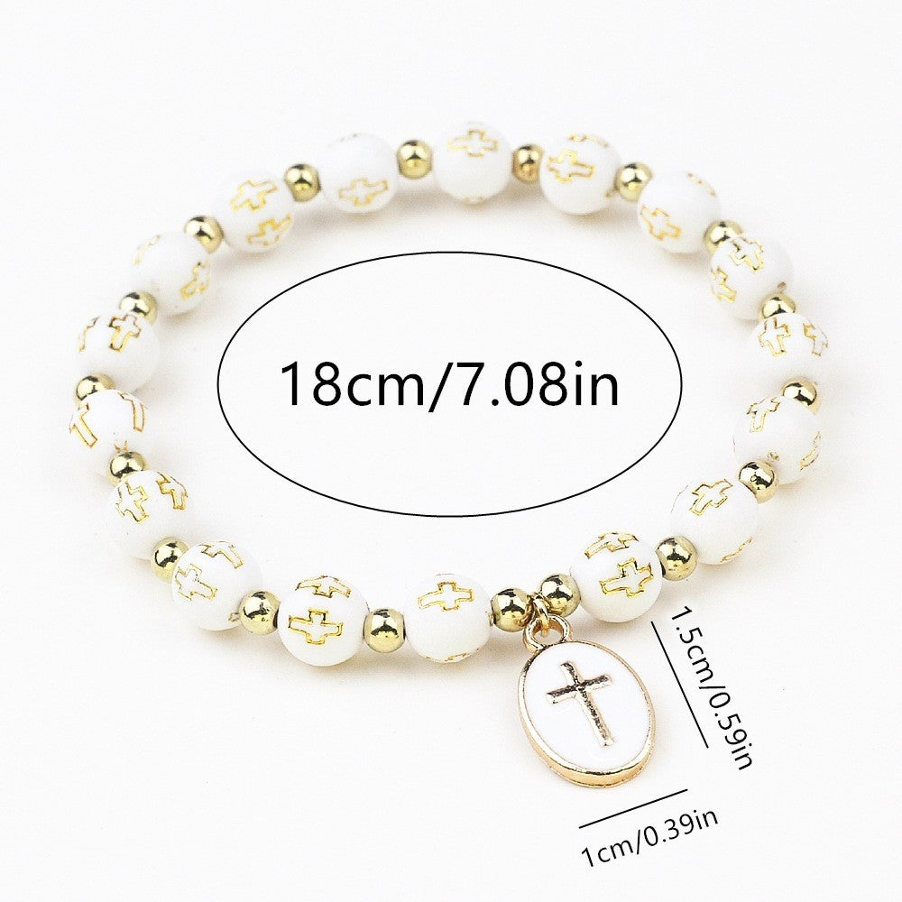 2pcs Religious Cross Bead Bracelet Gold Tone Christian Prayer Jewelry Set