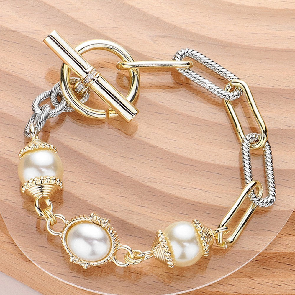 14K Gold Plated Pearl Paperclip Chain Toggle Bracelet with CZ Accents