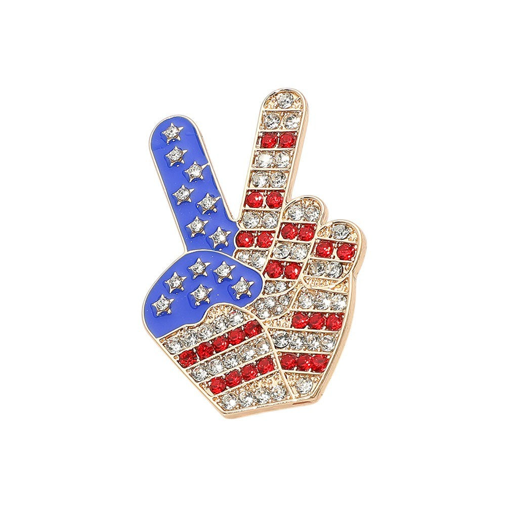 Gold Tone CZ Stone Paved American Patriotic USA Flag Peace Hand Sign Pin Brooch