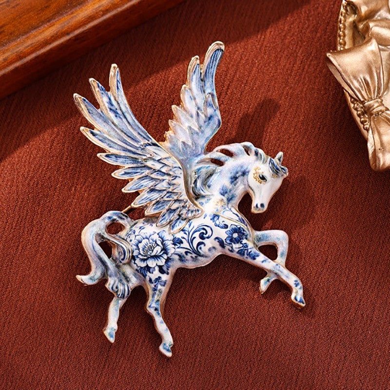 2pc Blue White Porcelain Style Pegasus Brooch Enamel Mythical Flying Horse Pin