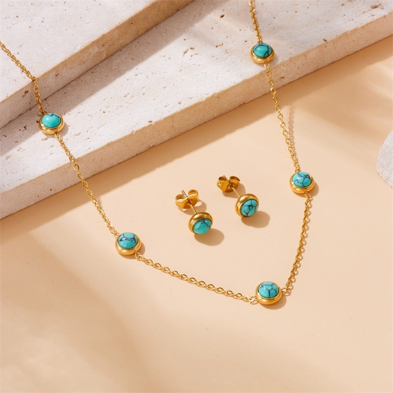 Gold-Tone Turquoise Station Necklace & Stud Earrings Set