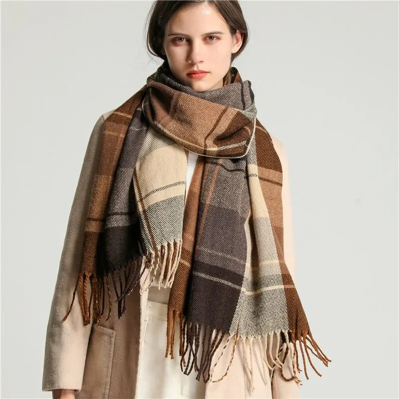 Elegant Plaid Tassel Scarf for Women & Men Brown & Beige Winter Shawl Fall Wraps