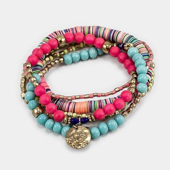 6 Layer Multi Beaded Disc Stretch Bracelet Set for Women Boho Stack Style