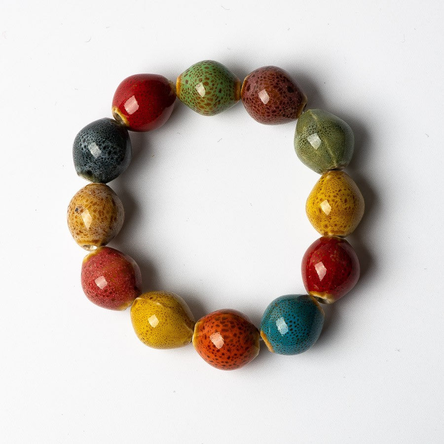 Bohemian Artisan Ceramic Bead Bracelet Multi-Color Speckled Glaze Stretch