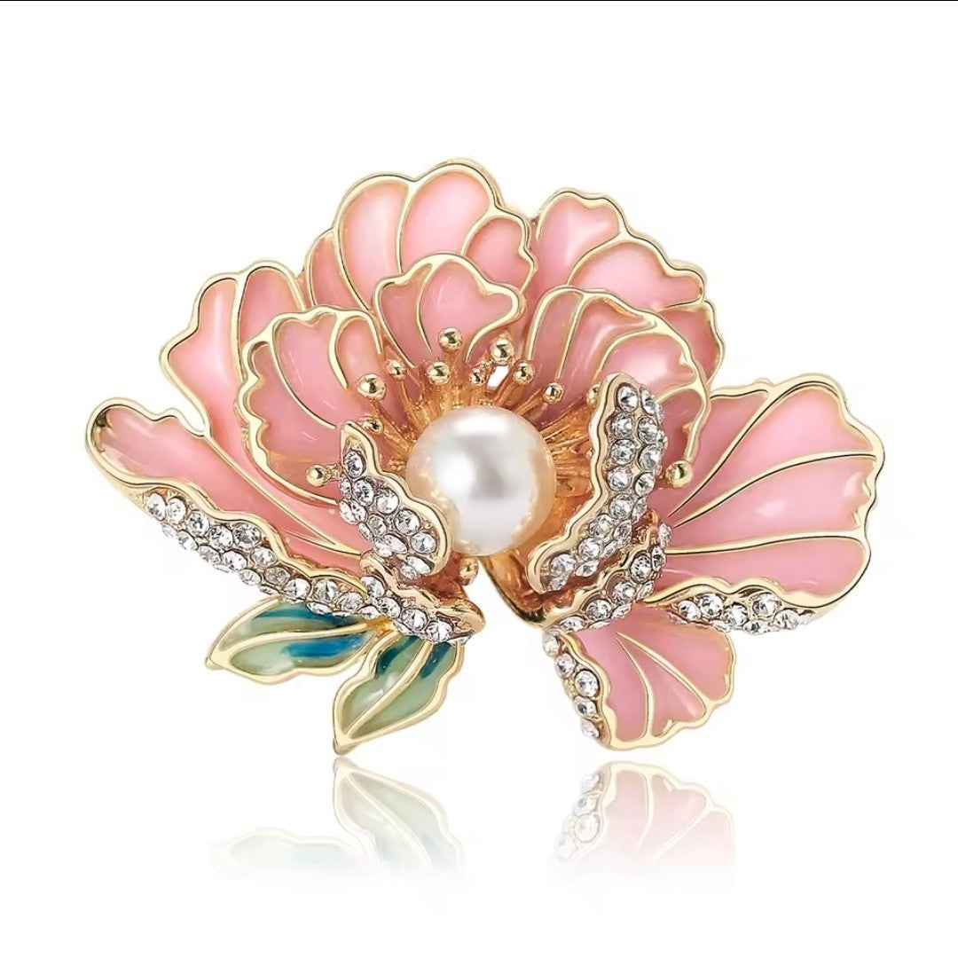 2pcs Enamel Flower Brooch Set Pink Turquoise Pearl Crystal Peony Floral Pin