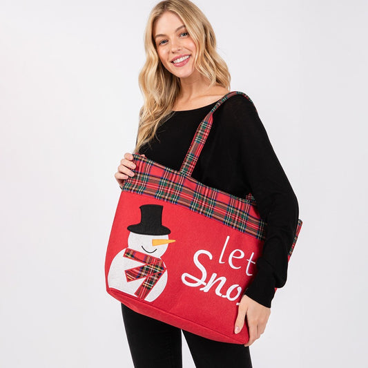 Let It Snow Snowman Christmas Tote Bag Holiday Shopping Reusable Shoulder Bag