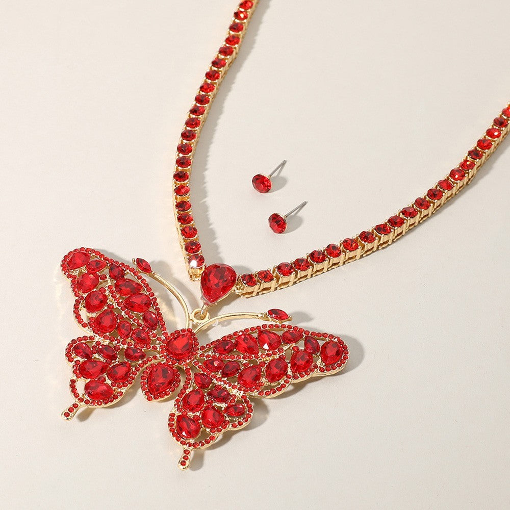 2PCs Rhinestone Butterfly Necklace Stud Earrings Set Gold Red & Iridescent