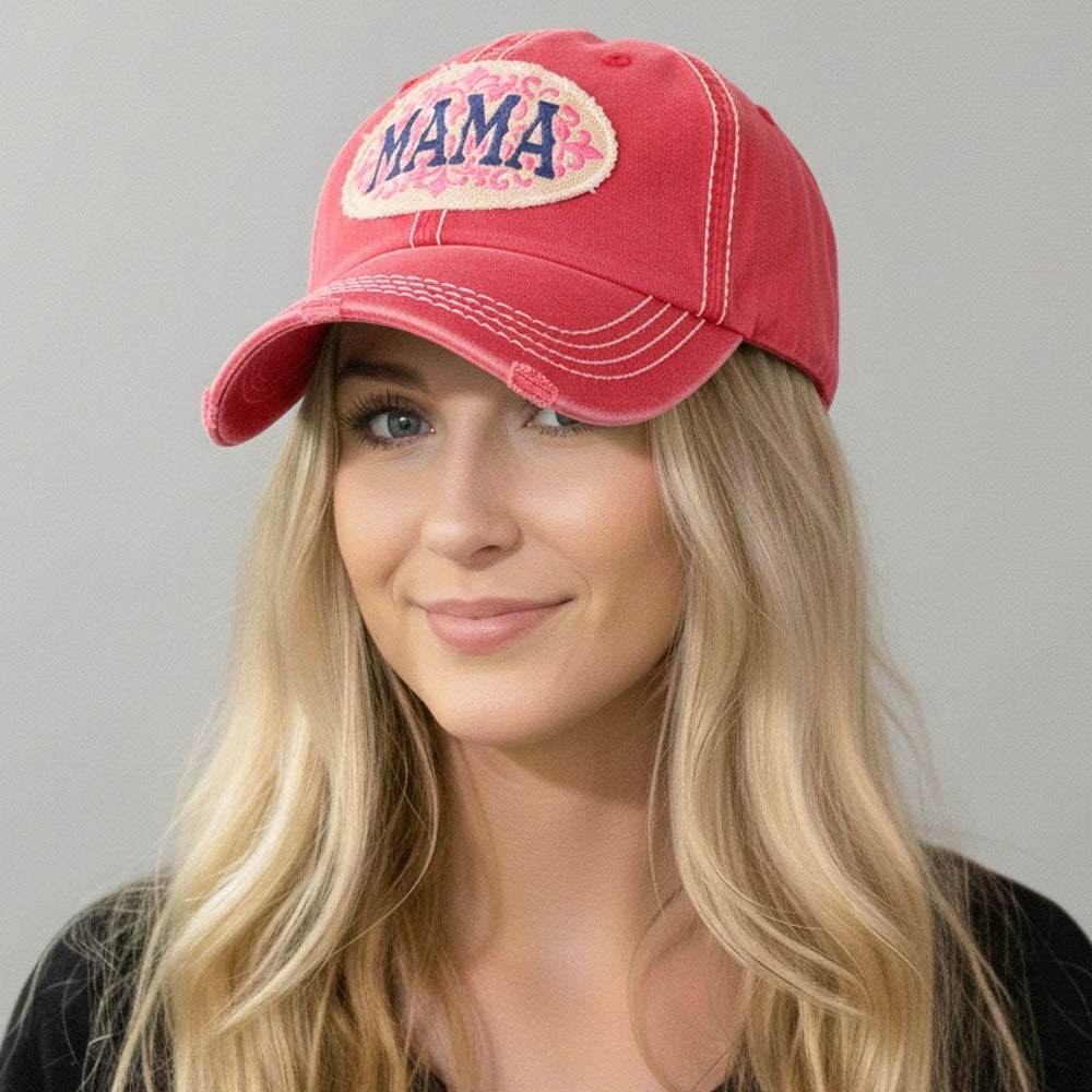 MAMA Embroidered Pink Distressed Baseball Cap Vintage Style Adjustable Hat