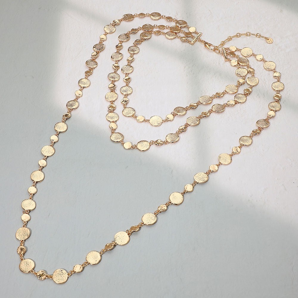 Gold Triple Layered Hammered Disc Long Chain Statement Necklace Boho Jewelry