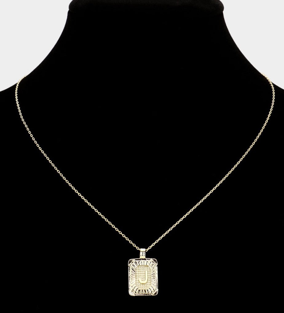 Gold Initial "J" Rectangular Sunburst Pendant Necklace - Brass Fashion Jewelry