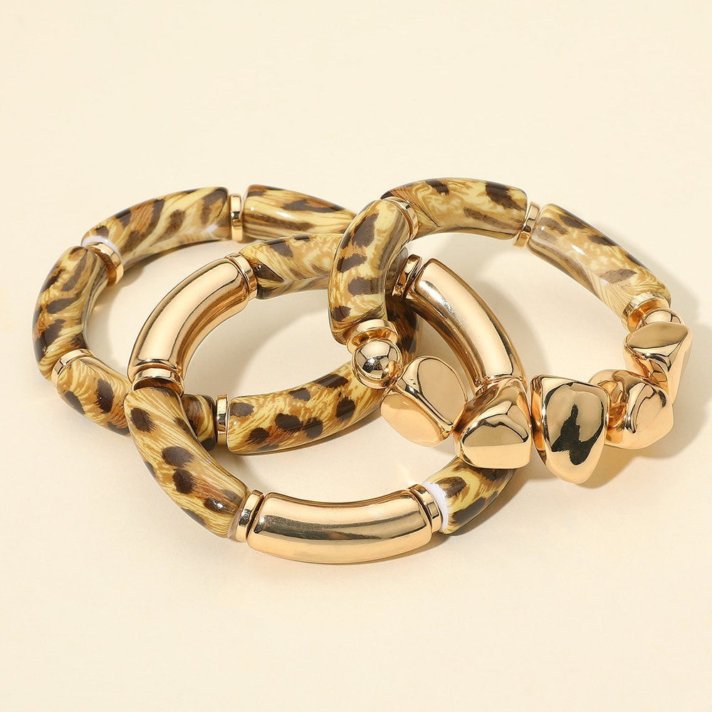 Animal Print Gold Tone Beaded Stretch Bracelet Set Fashion Jewelry for Women
