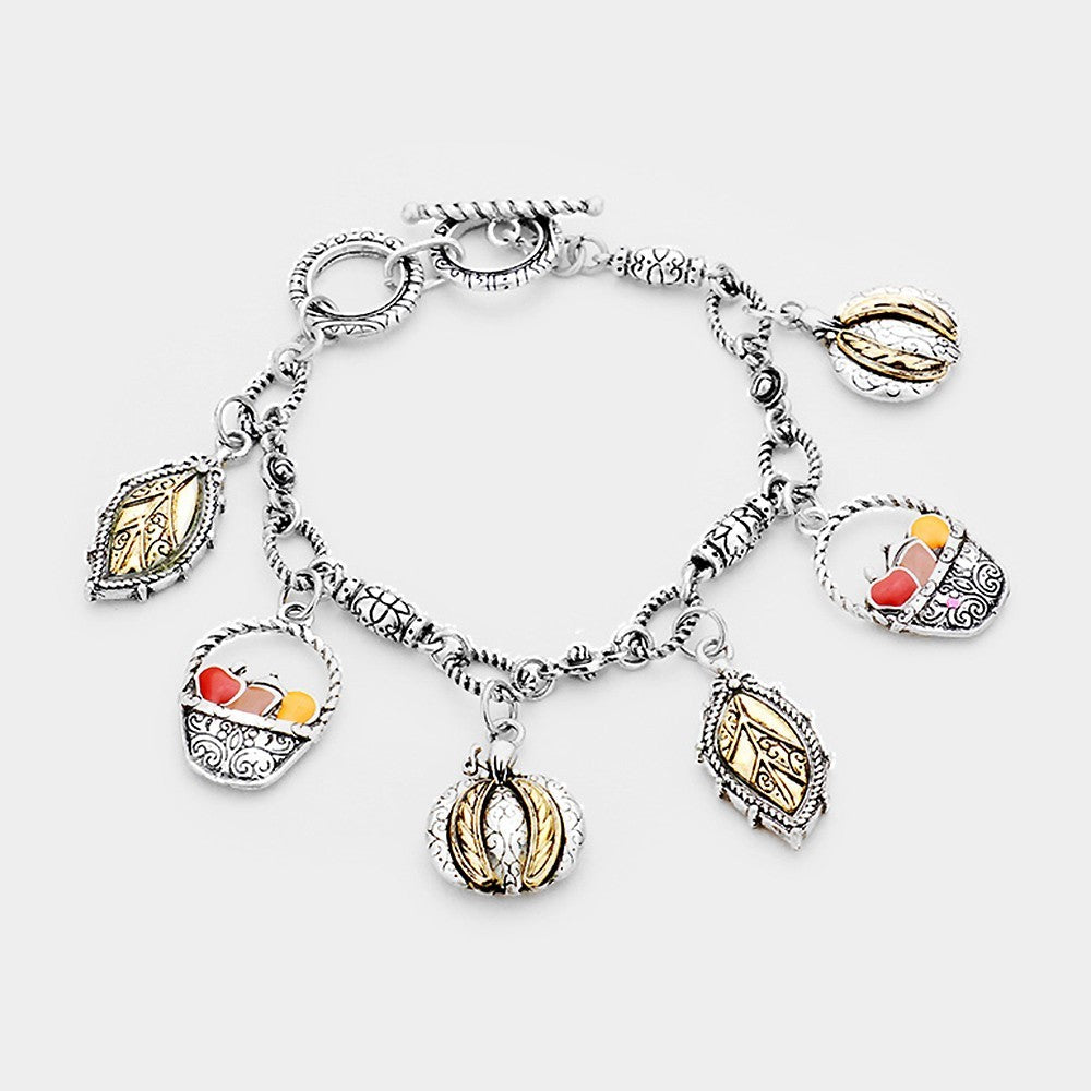 Antique Silver Thanksgiving Charm Bracelet Harvest Basket Leaf Autumn Jewelry